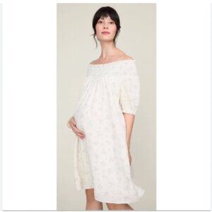 Hatch Leona Dress Womens Small Cream Green Floral Puff Sleeve Smocked Babydoll